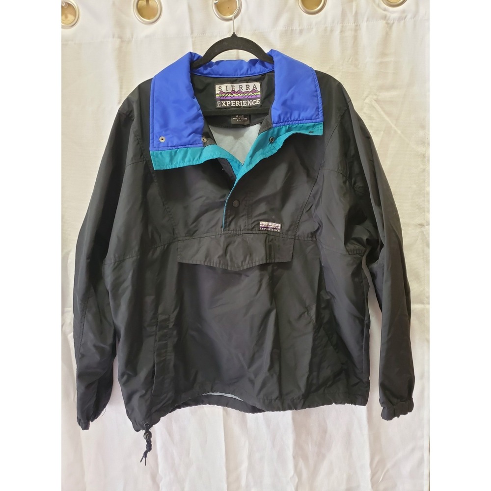 Vintage Sierra Experience Pullover Windbreaker Jacket Black Blue Teal Size Large